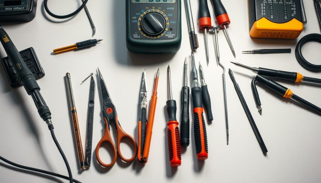 A neatly arranged collection of essential electronics repair tools, including a soldering iron, multimeter, wire strippers, tweezers, and a variety of screwdrivers, set against a clean, well-lit workspace. The tools are positioned with precision, casting subtle shadows that add depth and dimension to the scene. The overall atmosphere conveys a sense of professionalism and attention to detail, evoking the skilled craftsman's approach to electronics repair.