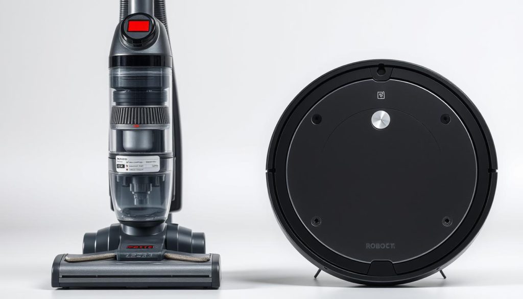 A neatly organized side-by-side comparison of an upright vacuum cleaner and a robot vacuum, showcasing their maintenance requirements. Crisp studio lighting illuminates the detailed textures of the vacuums, highlighting their distinct designs and components. The upright vacuum is positioned prominently in the foreground, its transparent dust canister and easily accessible filters emphasizing the manual maintenance tasks. In the middle ground, the robot vacuum is shown docked, its compact form and discreet maintenance access points contrasting the more involved upkeep of the upright model. The background features a neutral, minimalist setting, allowing the vacuums to be the focal point and emphasizing their differences in maintenance ease.