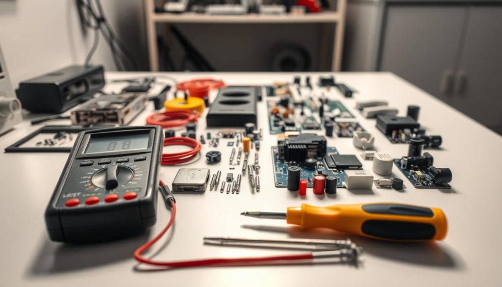 A neatly organized workbench with various electrical appliance components laid out in a methodical arrangement. The components are illuminated by bright studio lighting, casting crisp shadows that reveal their intricate details. The scene has a clinical, evaluative atmosphere, with a sense of precision and attention to detail. In the foreground, a multimeter and a screwdriver set are prominently displayed, hinting at the diagnostic process. The middle ground features a range of common appliance parts, such as circuit boards, switches, and indicators. The background is slightly blurred, keeping the focus on the subject matter. The overall composition conveys a technical, problem-solving mindset, suitable for illustrating the "Inspecting and Testing Internal Appliance Components" section of the article.
