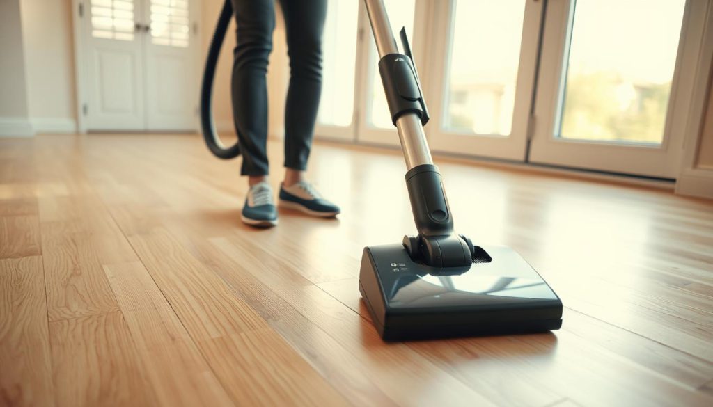 A person using a modern, high-suction vacuum cleaner to carefully clean a gleaming, light-colored hardwood floor. The vacuum's powerful suction is visibly lifting dirt and debris from the smooth, wood planks. Soft, diffused lighting from large windows illuminates the scene, creating warm, golden tones. The person is focused on their task, using long, methodical strokes to ensure thorough coverage. The perspective is angled slightly from above, allowing the viewer to observe the effective vacuuming technique in detail. The overall mood is one of efficiency and attention to detail.