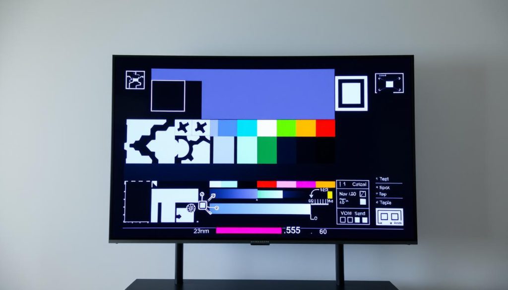 A precisely calibrated television test pattern displayed on a large, high-resolution screen. The pattern consists of various geometric shapes, color gradients, and diagnostic elements designed to assess the screen's color accuracy, contrast, sharpness, and other critical display parameters. The lighting is soft and evenly distributed, creating a professional, technical atmosphere. The camera angle is frontal, capturing the test pattern in its entirety, with a shallow depth of field to keep the focus on the screen. The background is neutral and uncluttered, allowing the test pattern to be the sole focus of the image.