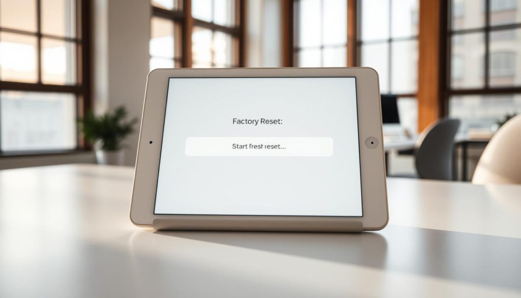 A pristine white iPad resting on a sleek, minimalist desk, surrounded by a calming office atmosphere. The iPad's screen displays a simplified factory reset menu, inviting the user to start fresh. Warm, natural lighting filters through large windows, casting a gentle glow on the scene. The composition emphasizes the iPad's simplicity and the user's control over their device, conveying a sense of ease and focus during the reset process. The overall mood is one of clean, modern efficiency, reflecting the straightforward nature of resetting an iPad without losing important data.