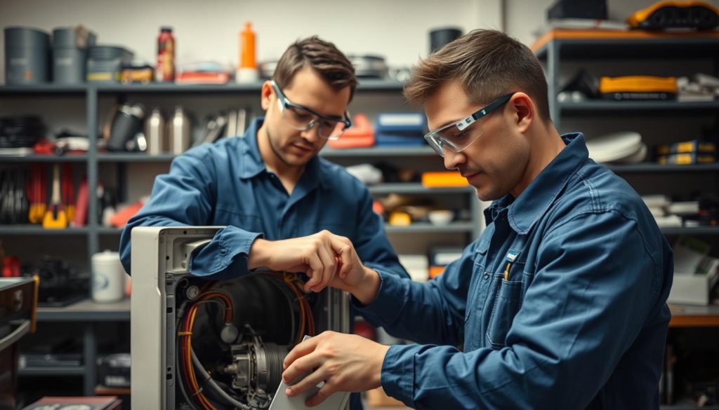 A professional appliance repair technician in a well-equipped workshop, wearing a blue jumpsuit and safety goggles, intently examining the internal components of a household appliance on a workbench. Soft, even lighting illuminates the scene, creating a sense of focus and clarity. The background features neatly organized shelves stocked with various tools and replacement parts, conveying a professional, well-maintained environment. The overall atmosphere suggests expertise, attention to detail, and a dedication to providing high-quality appliance repair services.