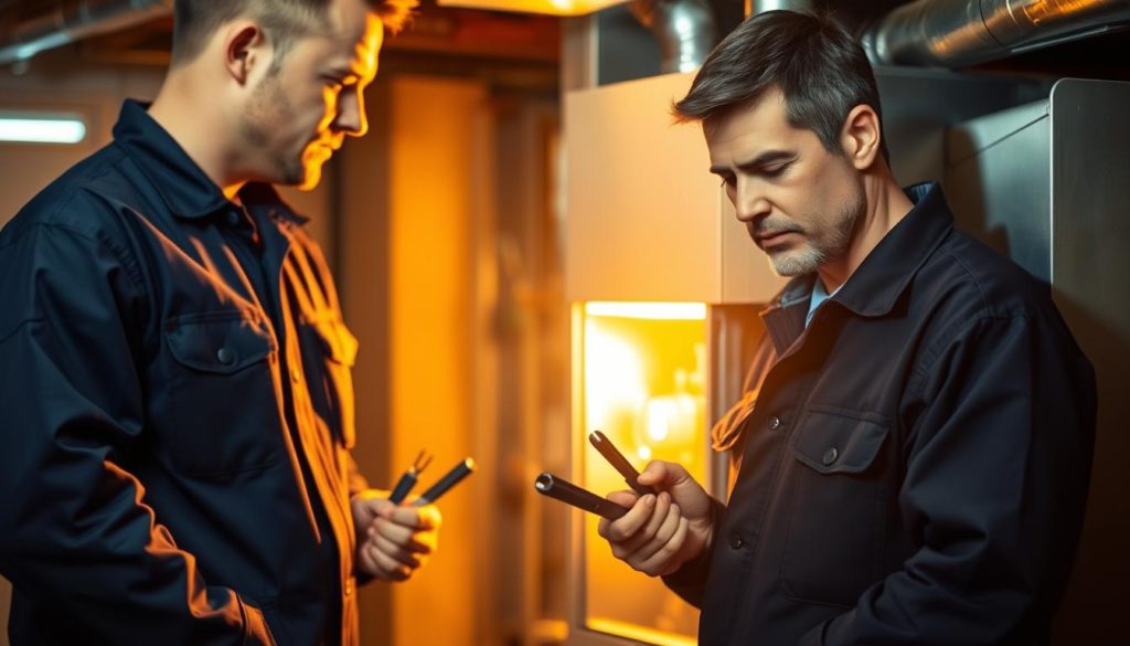 A professional furnace technician, wearing a navy blue jumpsuit with the company logo, stands in a dimly lit basement, tools in hand. The harsh lighting from the furnace casts a warm glow, illuminating the technician's focused expression as they meticulously inspect the inner workings of the unit. The background is blurred, emphasizing the technician's expertise and the importance of their task. The image conveys a sense of reliability, technical skill, and the expertise required to properly maintain and repair a home's heating system.