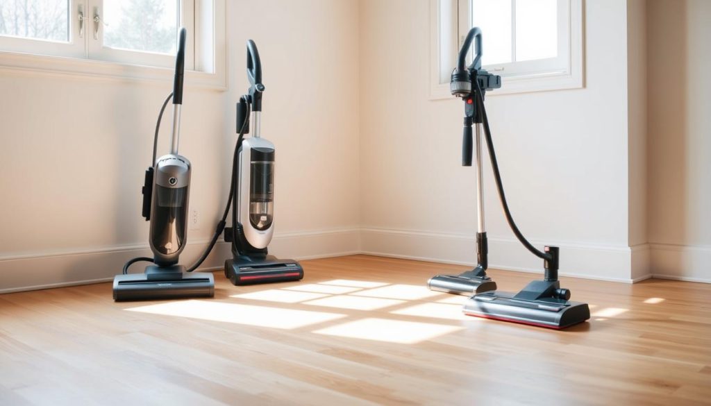A room filled with natural lighting, showcasing a side-by-side comparison of a cordless and a corded vacuum cleaner. The cordless model, sleek and modern, stands on the left, while the corded counterpart, with its sturdy build, occupies the right side. The vacuums are placed on a clean, polished hardwood floor, allowing their distinct designs and features to be clearly visible. The scene is captured from a slightly elevated angle, providing a comprehensive view of the two machines and their differences. The overall atmosphere is one of thoughtful consideration, inviting the viewer to compare and contrast the pros and cons of each vacuum type.