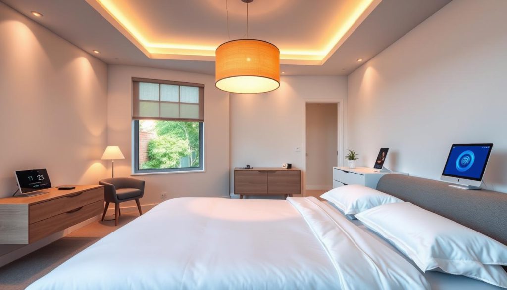 A serene, well-appointed smart bedroom showcasing innovative sleep solutions. In the foreground, a plush king-size bed with crisp white linens and a floating nightstand equipped with a smart alarm clock, wireless charging pad, and voice-controlled lighting. Overhead, a cozy pendant light casts a warm glow, while discreet recessed ceiling lights provide ambient illumination. In the middle ground, a large window offers a tranquil garden view, with motorized shades that automatically adjust to regulate light and temperature. In the background, a sleek, minimalist dresser features a smart display for monitoring sleep patterns and wellness data. An air purifier and white noise machine complete the soothing, high-tech setup, creating the ultimate bedroom for a restorative night's sleep.