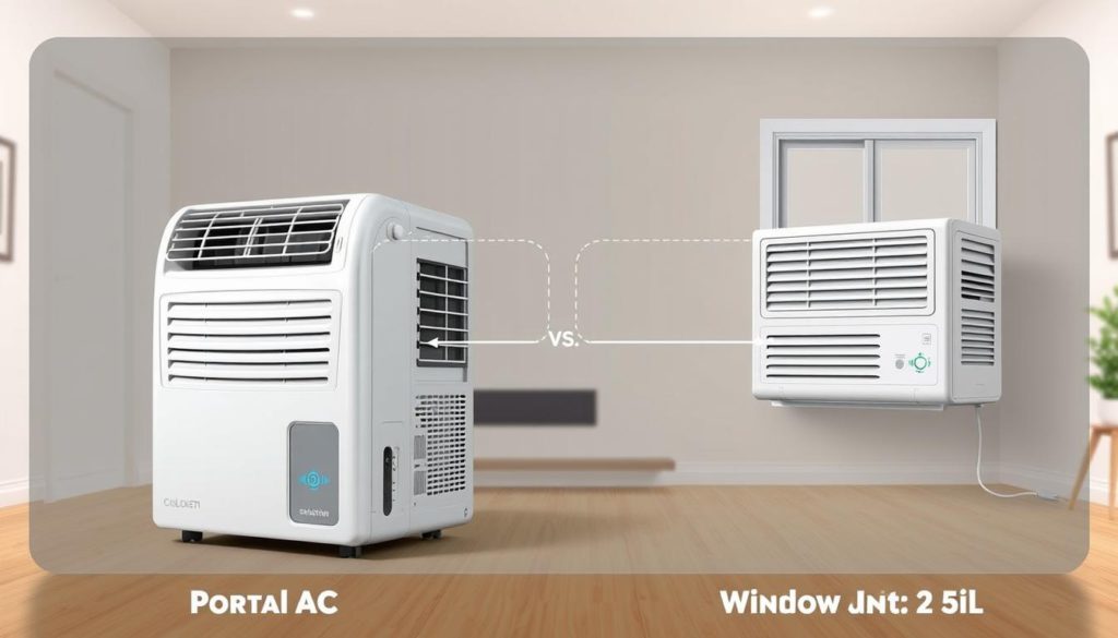 A side-by-side comparison of a portable air conditioner and a window unit, captured in a realistic and technical illustration. In the foreground, the portable AC and window unit models are prominently displayed, their internal components and airflow mechanisms clearly visible. The middle ground showcases the units' dimensions and installation requirements, highlighting their differences. The background features a neutral, softly-lit interior space, emphasizing the practical applications of these cooling systems. Rendered with a high level of detail and precision, using a wide-angle lens to capture the full scope of the comparison.