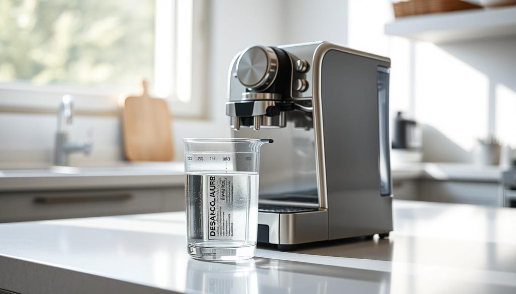 A sleek, contemporary coffee maker model resting on a pristine kitchen counter, illuminated by soft, diffused natural light from a nearby window. The metallic body gleams, reflecting the intricate details of the machine's controls and brewing mechanism. In the foreground, the water reservoir is prominently displayed, its transparent design allowing a clear view of the descaling solution within. The overall composition conveys a sense of precision, functionality, and the need for proper maintenance to ensure optimal performance.
