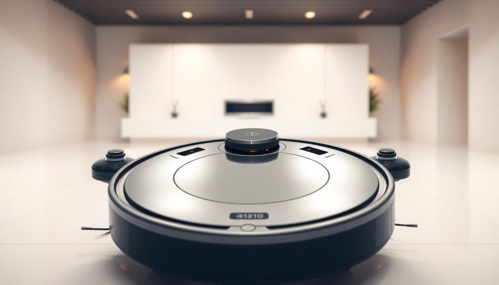 A sleek, contemporary robot vacuum cleaners hovering in a bright, minimalist interior. The foreground features the vacuum's brushes, sensors, and various attachments, showcasing its versatile functionalities. The middle ground displays the vacuum's compact, disc-shaped body with a glossy finish, seamlessly integrating with the clean, white floors and walls. The background subtly hints at the vacuum's smart home integration, with discreet controls and displays blending into the environment. Warm, directional lighting accentuates the vacuum's modern, high-tech aesthetic, conveying a sense of efficiency and user-friendliness.