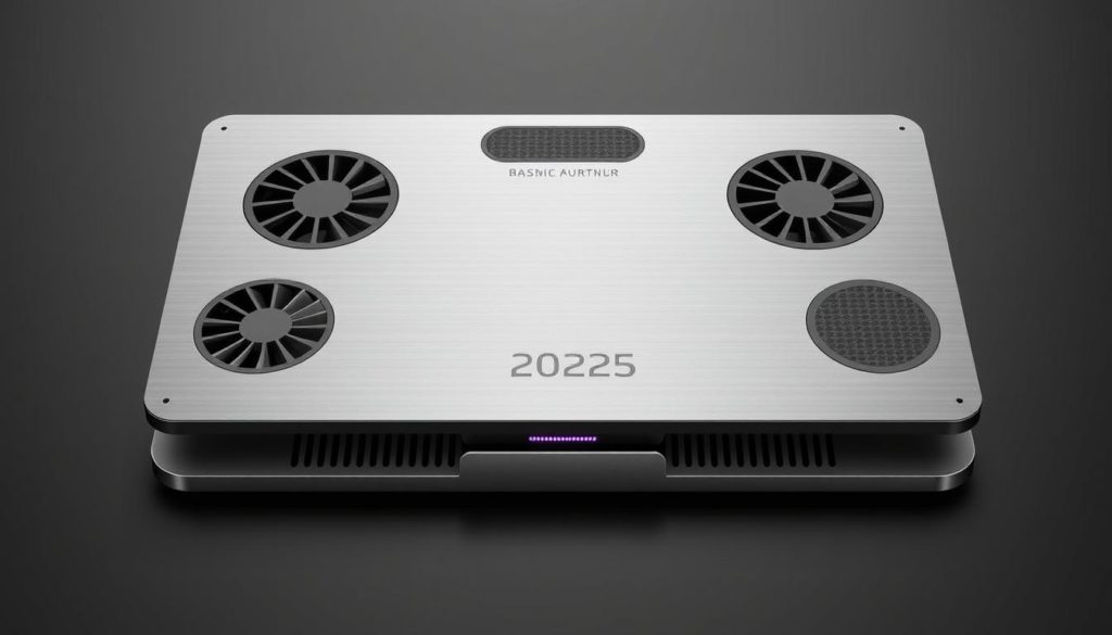 A sleek, high-performance laptop cooling pad in 2025, showcasing a minimalist design with a brushed aluminum finish. The pad features advanced airflow technology, with multiple powerful fans strategically positioned to provide efficient cooling for a wide range of laptop sizes. Soft-touch rubber grips hold the laptop securely in place, while the adjustable height and tilt settings allow for customized ergonomic comfort. Precision-engineered cooling vents and a discreet LED status indicator complete the sophisticated, modern aesthetic, making this cooling pad an essential accessory for the discerning tech enthusiast in the year 2025.