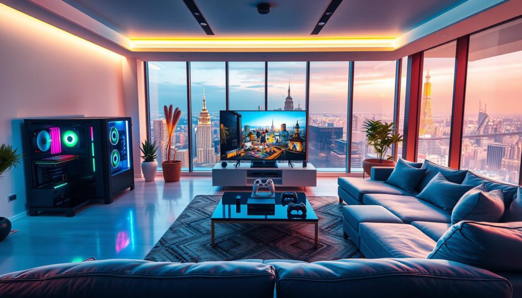 A sleek, modern living room, with a large 4K smart TV as the centerpiece. In the foreground, a sophisticated gaming setup with a high-end PC, gaming console, and various controllers. Colorful RGB lighting illuminates the space, creating an immersive atmosphere. The middle ground features a cozy seating arrangement, with plush couches and a coffee table, inviting viewers to sit back and enjoy the entertainment. The background showcases floor-to-ceiling windows, offering a scenic view of a bustling cityscape, hinting at the diverse entertainment options available. The lighting is a harmonious blend of warm and cool tones, creating a balanced and welcoming ambiance. The overall scene conveys a sense of technological prowess and lifestyle optimization, perfectly capturing the essence of "Gaming and Entertainment: Optimizing Your Viewing Experience".