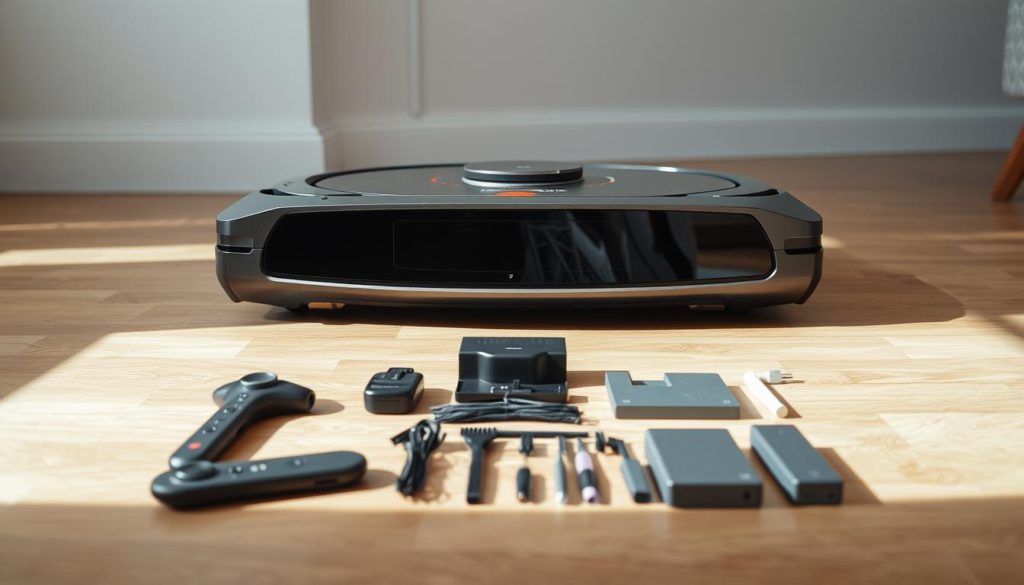 A sleek, modern robot vacuum cleaner rests on a clean hardwood floor, its sensors and brushes visible. The device has a streamlined, futuristic design with metallic accents and a glossy finish. The lighting in the room casts soft, directional shadows, highlighting the vacuum's contours and features. In the middle ground, various robot vacuum accessories like remote controls, cleaning tools, and battery packs are neatly arranged, showcasing the versatility and customization options of this advanced cleaning appliance. The background is a minimalist, well-lit interior with white walls and natural wood tones, creating a sense of technological sophistication and domestic harmony.