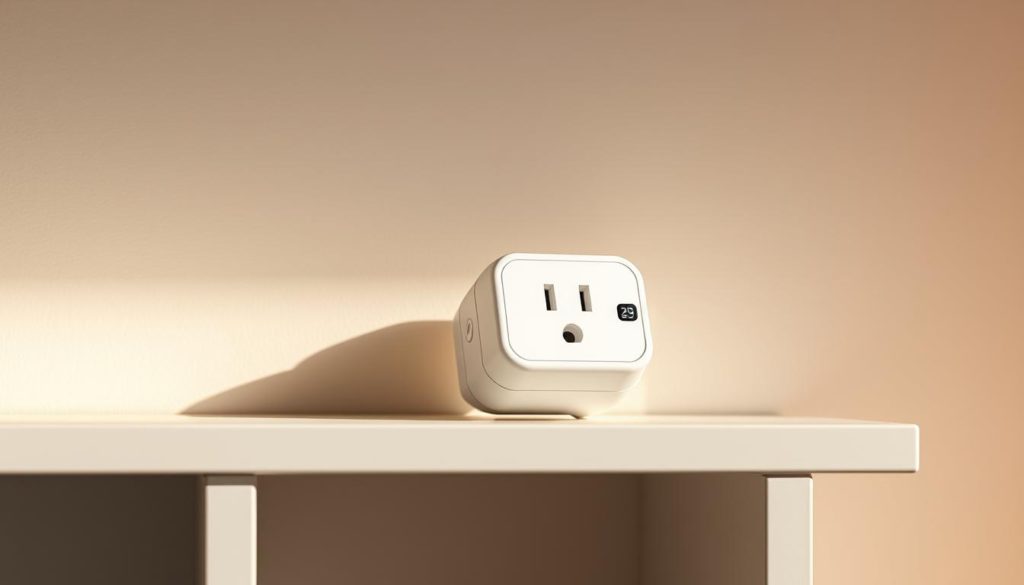 A sleek, modern smart plug rests on a minimalistic white shelving unit, its digital display showcasing real-time energy usage data. Warm, directional lighting illuminates the plug, casting soft shadows that accentuate its clean, angular design. In the background, a neutral-toned wall provides a simple, uncluttered backdrop, allowing the smart plug to take center stage as the focus of the image. The overall composition conveys a sense of efficiency, control, and seamless integration of technology into the modern smart home.