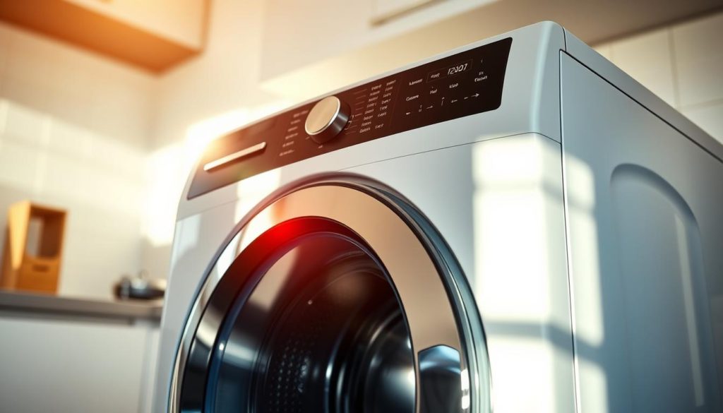A sleek modern washing machine with its replacement indicators glowing softly, set against a bright and airy laundry room. The control panel is illuminated, showcasing the various warning lights and digital readouts that signal when it's time to replace key components. The machine is angled slightly, emphasizing its streamlined design. Warm, natural lighting floods the scene, creating a sense of domestic tranquility. The background features a minimalist tiled wall and a hint of cabinetry, framing the appliance as the central focus.