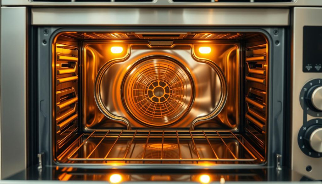 A sleek, stainless steel convection oven with its door partially open, revealing the intricate air circulation system inside. Warm, golden-hued light filters through the opening, illuminating the swirling patterns of hot air currents. The oven's interior is meticulously detailed, showcasing the strategically placed fans and vents that ensure even heat distribution and efficient baking. The scene is captured from a slightly elevated angle, emphasizing the oven's technical prowess and the complex thermal dynamics at play. The overall mood is one of precision, functionality, and the precise control that a convection oven provides over a conventional model.