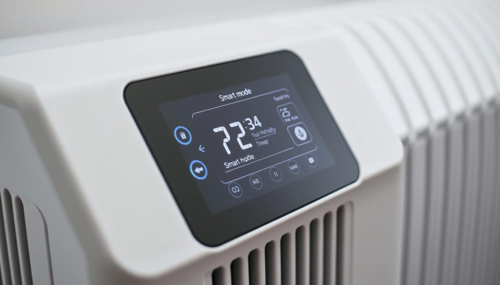 A sleek, touchscreen control panel for a modern, energy-efficient heater. The display shows detailed temperature, timer, and smart mode settings in a minimalist, high-contrast interface. Subtle ambient lighting illuminates the panel, with an angled, futuristic design that seamlessly integrates into the heater's clean, minimalist aesthetic. Textured metal bezels and a responsive, haptic interface convey a premium, high-tech feel. The controls are positioned at an ergonomic angle, allowing for easy, intuitive operation. The overall scene exudes a sense of technological sophistication and thermal efficiency.