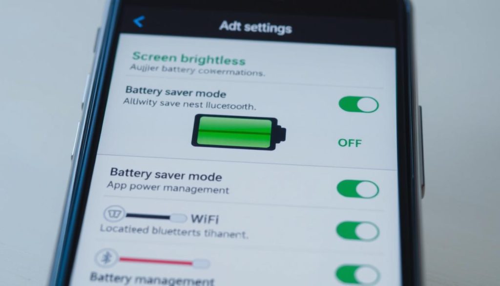 A smartphone screen displaying various device settings optimization options for enhanced battery conservation. In the foreground, sliders and toggles for adjusting screen brightness, battery saver mode, and app power management. The middle ground features icons for location services, Bluetooth, and Wi-Fi, accompanied by clear on/off controls. The background showcases a stylized battery icon, pulsing with green energy to convey the idea of power optimization. The lighting is soft and natural, creating a calm, focused atmosphere. The camera angle is slightly tilted, emphasizing the intuitive, user-friendly interface design.