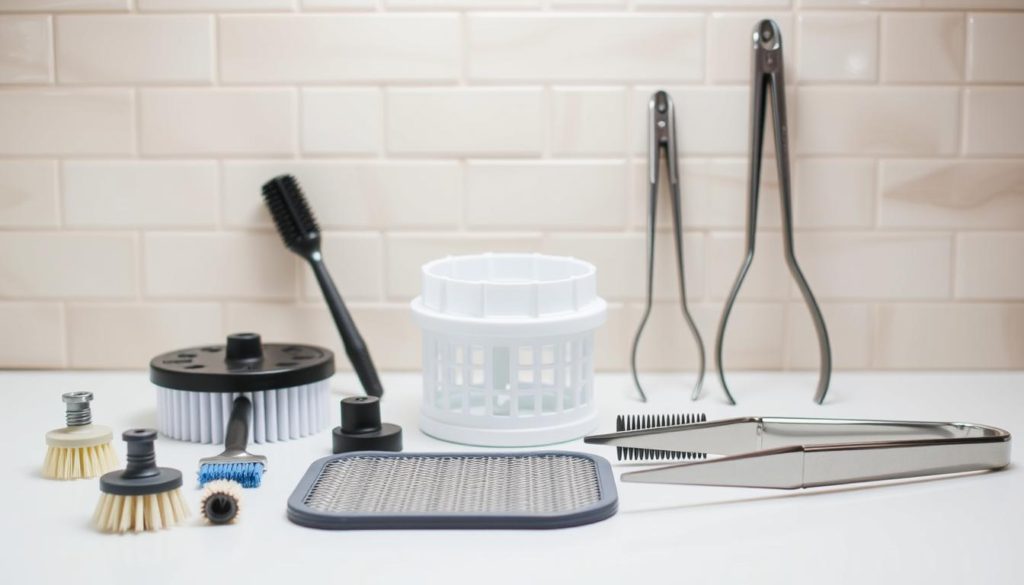 A still life arrangement showcasing a variety of dishwasher filter cleaning tools. In the foreground, a set of small brushes and a mesh scrubbing pad sit atop a white countertop, their textures and colors contrasting against the smooth surface. In the middle ground, a long-handled brush and a pair of sturdy tongs flank a disassembled dishwasher filter, its intricate components laid out for inspection. The background features a tiled backsplash in a neutral tone, providing a clean, minimalist backdrop that emphasizes the cleaning tools. Soft, even lighting from above casts subtle shadows, lending depth and dimension to the scene. The overall mood is one of efficiency and attention to detail, reflecting the "Tips and Tools for Effective Dishwasher Filter Cleaning" theme.