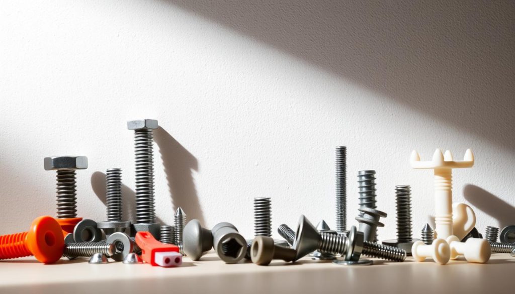 A still life depicting an assortment of drywall anchors and fasteners, arranged with careful attention to light and composition. The foreground showcases a variety of anchor types, including toggle bolts, plastic wall plugs, and metal expansion anchors, positioned to highlight their distinct shapes and textures. The middle ground features a clean, white drywall panel, providing a neutral backdrop to the anchors. The lighting is soft and directional, casting subtle shadows that accentuate the three-dimensional quality of the hardware. The overall mood is one of functional simplicity, conveying the practical yet essential nature of these drywall mounting solutions.