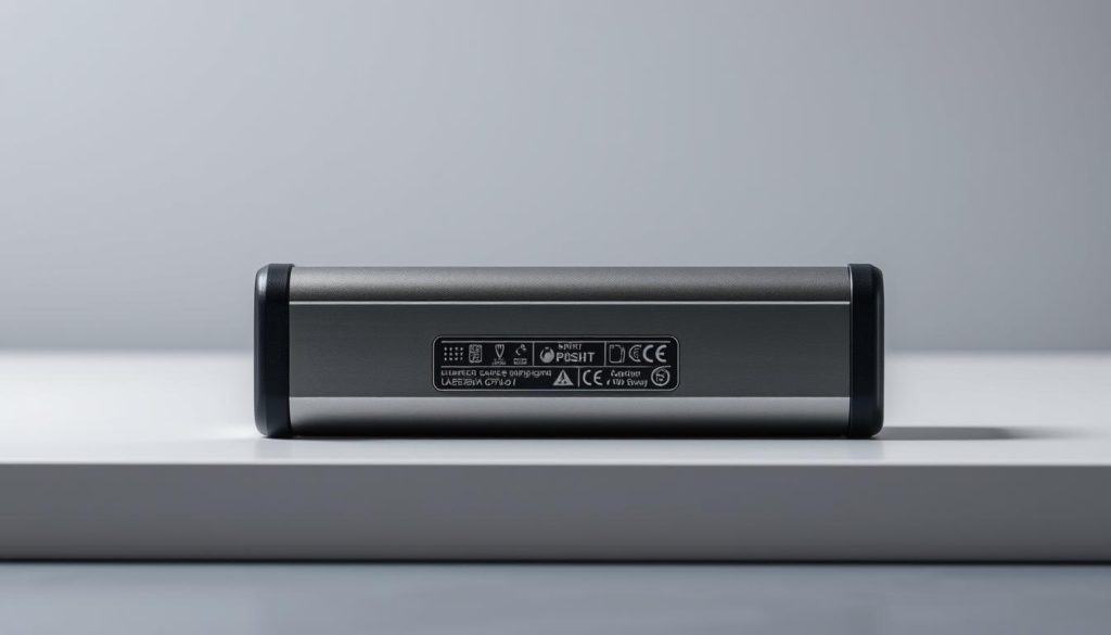 A sturdy, metallic power bank rests on a sleek, modern surface, its robust casing and safety labels prominently displayed. Soft, directional lighting emphasizes its durable construction, while a subtle, reflective glow suggests its reliable power output. In the background, a minimalist, gray gradient conveys a sense of dependability and efficiency. The power bank's compact form and clean design evoke a sense of trust and confidence in its ability to safely charge devices on the go.