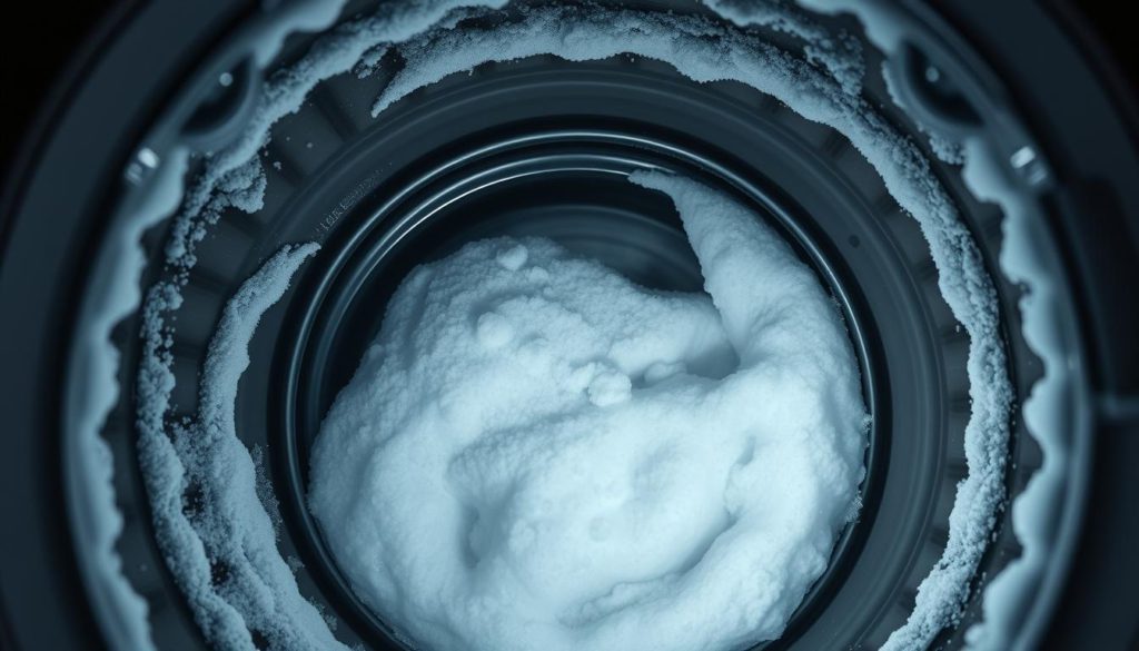 A tightly-framed, close-up view of a top-loading washing machine drum, illuminated by a bright, directional light source that casts dramatic shadows across the grooved interior surface. The drum is filled with a foaming cleaning solution, with suds and bubbles visible swirling and churning as the drum slowly rotates, revealing the detailed textures and patterns of the metal surface being thoroughly scrubbed clean. The overall scene conveys a sense of efficient, deep cleaning power, with the technical nature of the process emphasized through the precise lighting and composition.