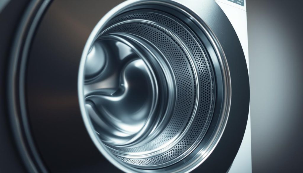 A washing machine drum in a well-lit, clinical setting. The metal drum is shown in detailed close-up, its perforated surface and inner mechanisms clearly visible. The lighting is bright and even, casting sharp shadows that highlight the texture and geometry of the drum. The background is a clean, neutral-colored wall, allowing the drum to be the sole focus. The mood is one of informative, technical precision, conveying the importance of understanding the inner workings of this essential household appliance.