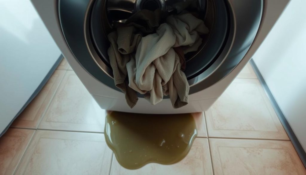 A washing machine standing on a tile floor, with water pooling around its base. The machine's front panel is open, revealing a tangled mess of wet clothes. Droplets of water glisten on the machine's surface, while a small puddle collects at its feet. Overhead, a bright light casts long shadows, emphasizing the disarray. The overall mood is one of frustration and inefficiency, hinting at the need for a replacement appliance. A wide-angle lens captures the scene, providing a sense of scale and the challenges of dealing with this problematic situation.