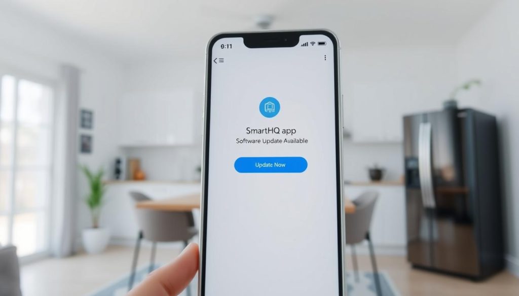 A well-designed, intuitive smart home app interface with a clean, minimalist design. The foreground showcases the SmartHQ app's main update screen, featuring a prominent "Software Update Available" notification and an "Update Now" button. The middle ground displays the app's navigation menu, offering easy access to various settings and features. The background subtly depicts a modern, connected home environment, with hints of smart appliances and IoT devices. The lighting is soft and natural, creating a calming, user-friendly atmosphere. The camera angle is slightly elevated, providing a clear, comprehensive view of the app's layout and functionality.
