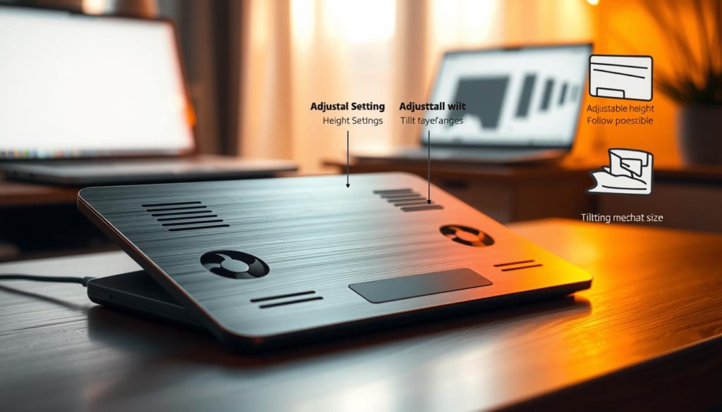 A well-designed laptop cooling pad with an array of features, bathed in warm, soft lighting. The foreground showcases the cooling pad's sleek, brushed aluminum body with strategically placed air vents and a quiet, powerful fan. In the middle ground, various adjustment options are visible, including adjustable height settings and a tilting mechanism to optimize airflow and ergonomics. The background subtly depicts the cooling pad's compatibility with a diverse range of laptop sizes, highlighting its versatility. The overall mood is one of sophisticated functionality, conveying the essential attributes a user would seek in an ideal laptop cooling solution.