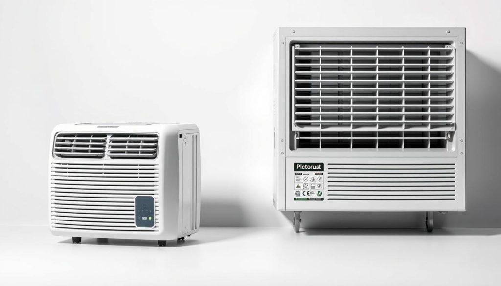 A well-lit, clean-line studio setting showcasing a portable air conditioner and a window air conditioning unit side-by-side. The portable AC features a sleek, compact design with adjustable vents, while the window unit has a sturdy, industrial aesthetic with visible cooling fins. The lighting creates dramatic shadows, emphasizing the technical details and functionality of each system. The background is a minimalist white or gray, allowing the air conditioning units to take center stage. The overall mood is informative and technical, inviting the viewer to closely examine the comparative design and features of these two cooling solutions.