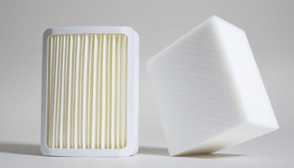 A well-lit, close-up comparison of a HEPA filter and a foam filter side by side, set against a clean, neutral background. The HEPA filter is shown with its intricate, pleated paper-like structure, while the foam filter has a uniform, spongy texture. The lighting accentuates the subtle differences in their materials and construction, allowing the viewer to clearly distinguish the two types of vacuum filters. The overall mood is informative and educational, conveying the technical details necessary to understand the key differences between these common filter options.