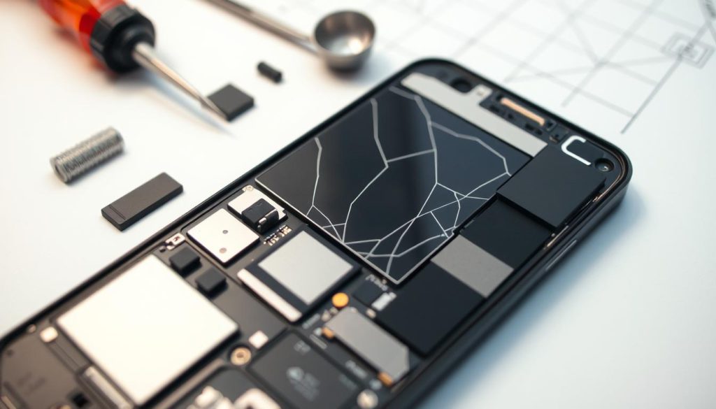 A well-lit close-up image of a disassembled smartphone, displaying the step-by-step process of repairing a cracked screen. The foreground features the phone's internal components, including the digitizer, LCD panel, and other delicate parts, arranged in an organized manner. The middle ground showcases various tools, such as screwdrivers, tweezers, and a suction cup, used for the repair. The background provides a clean, minimalist workspace, with a subtle grid or technical diagram as a subtle reference to the technical nature of the process. The lighting is soft and diffused, creating a sense of focus and attention to detail, conveying the care and precision required for a successful screen repair.