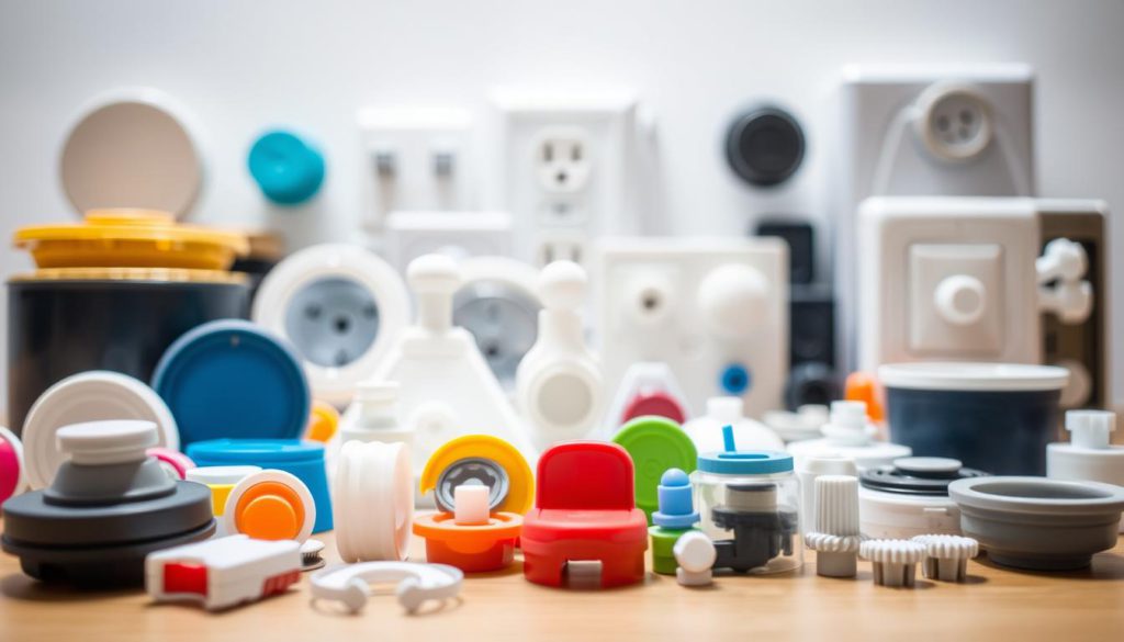 A well-lit close-up of various child-proof safety locks and covers for kitchen appliances, drawers, and cabinets. In the foreground, a range of plastic and metal safety locks in different sizes, colors, and styles, including magnetic, adhesive, and screw-on designs. In the middle ground, child-proof knob covers, oven door locks, and electrical outlet plugs. The background is softly blurred, emphasizing the practical and functional nature of the safety devices. The lighting is bright and even, casting subtle shadows that highlight the textures and details of the products. The overall mood is informative and solution-oriented, reflecting the needs of child-proofing a kitchen environment.