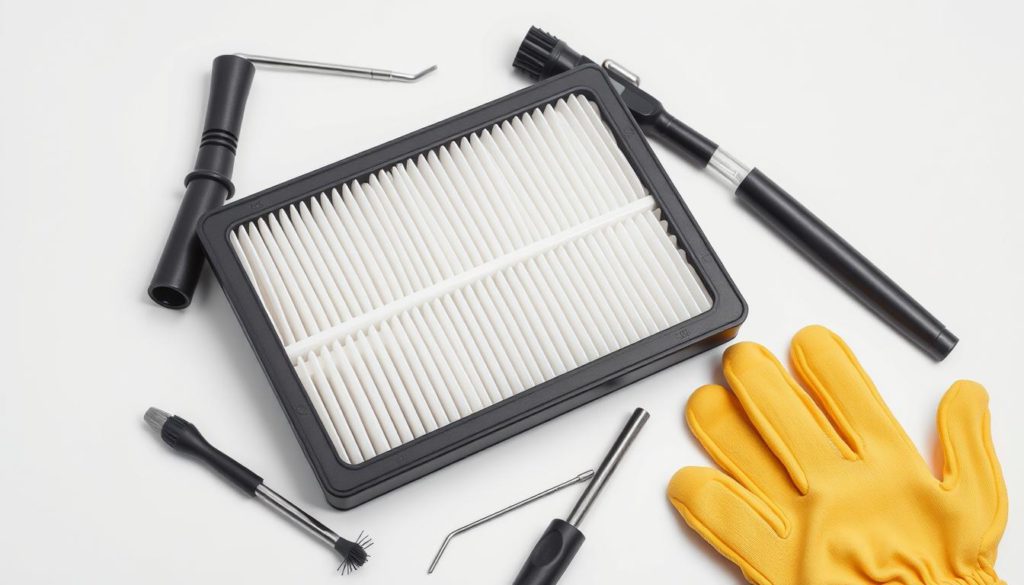 A well-lit, close-up photograph of a vacuum filter, cleaning tools, and safety equipment arranged on a clean, minimalist background. The filter is the focal point, showcasing its intricate design and textured surface. Surrounding it are various cleaning tools such as a brush, a micro-suction tool, and a pair of protective gloves. The overall mood is one of precision, care, and attention to detail, conveying the importance of properly maintaining a vacuum filter for optimal performance.