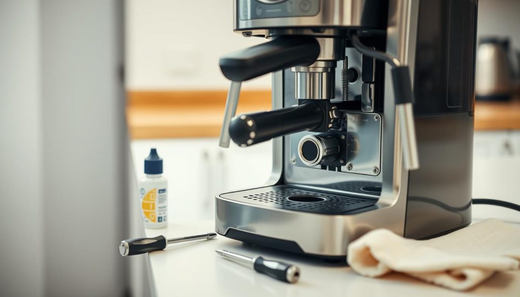A well-lit, close-up view of a modern, stainless steel coffee maker, its inner workings exposed, as if undergoing troubleshooting. The machine sits on a clean, light-colored countertop, surrounded by a few essential tools like a screwdriver, a descaling solution bottle, and a clean cloth. The scene conveys a sense of methodical problem-solving, with a calm, focused atmosphere. The lighting is bright and even, accentuating the mechanical details of the coffee maker's components. The angle captures the machine from a slightly elevated perspective, providing a clear view of the inner mechanisms.