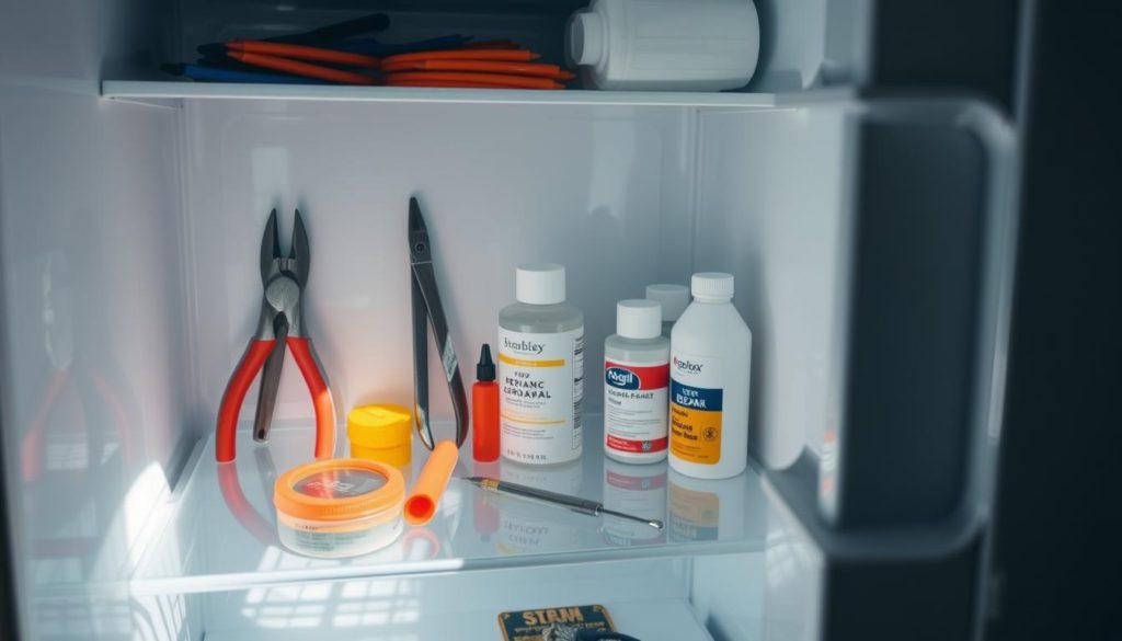 A well-lit, close-up view of a refrigerator's interior, showcasing various DIY repair tools and materials arranged neatly on the shelves. The refrigerator's door is open, revealing its contents in a clean, organized manner. The lighting is soft and natural, highlighting the textures and colors of the tools, such as pliers, screwdrivers, and sealants. The atmosphere conveys a sense of problem-solving and hands-on exploration, inviting the viewer to engage with the task of fixing a leaking refrigerator. The overall composition emphasizes the practicality and accessibility of the DIY fixes, suggesting a straightforward and empowering approach to addressing the issue.