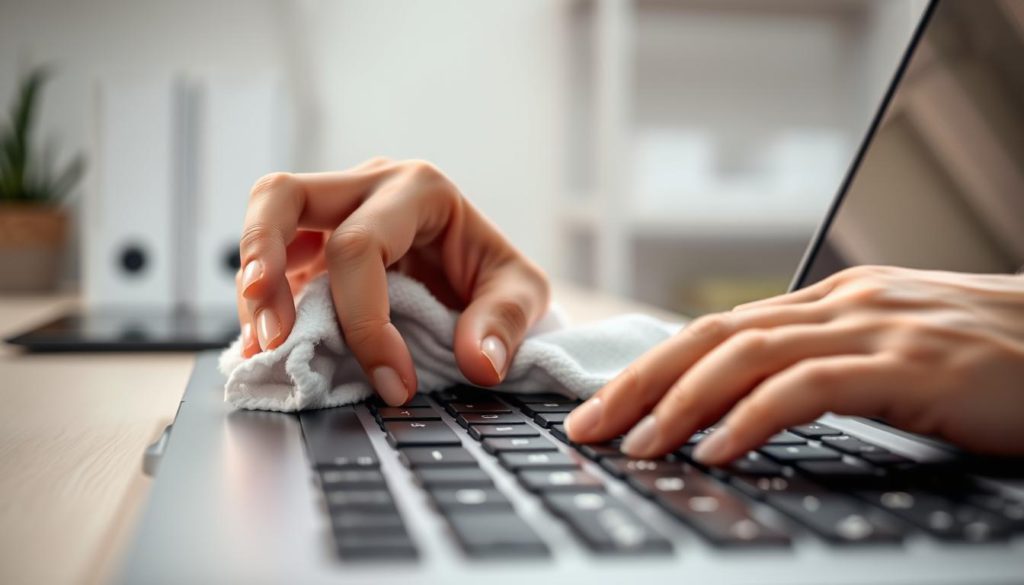 A well-lit closeup photograph of a person's hands gently cleaning a laptop keyboard using a soft microfiber cloth, with a focused, meticulous expression. The keyboard is in the foreground, with a blurred background of a clean, organized workspace. The lighting is soft and diffused, emphasizing the delicate touch and attention to detail. The image conveys a sense of care and caution, highlighting the importance of proper keyboard maintenance to prevent future damage.