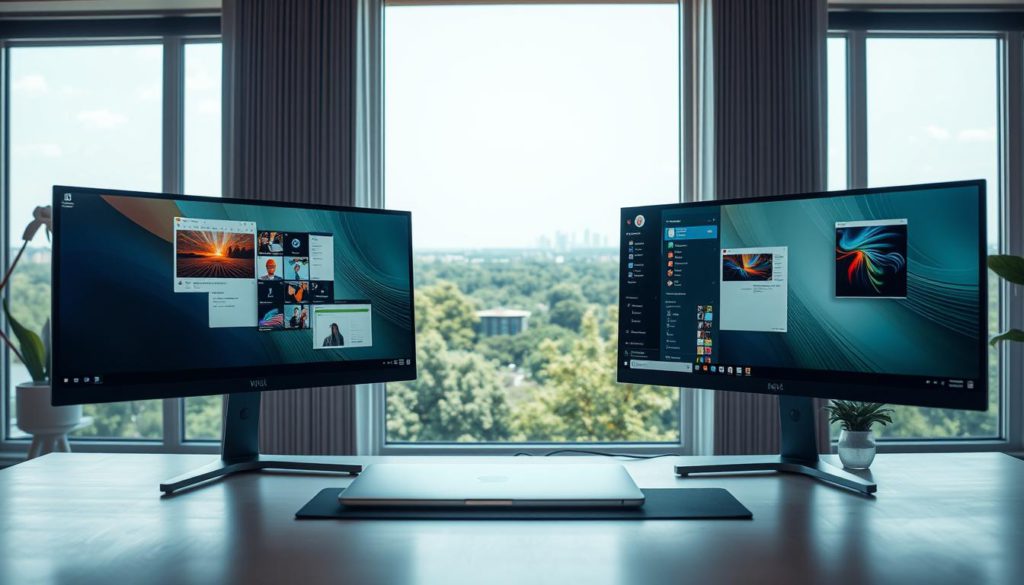 A well-lit, contemporary home office with a dual-monitor Windows desktop setup. On the desk, a sleek, silver laptop is flanked by two large, high-resolution monitors with thin bezels, displaying various windows and productivity apps. In the background, a floor-to-ceiling window offers a panoramic view of a lush, green urban landscape. Warm, diffused lighting from hidden sources creates a soft, inviting atmosphere, while the clean, minimalist design elements convey a sense of efficiency and professionalism. The entire scene captures the ideal setup for a productive, distraction-free dual-monitor Windows workspace.