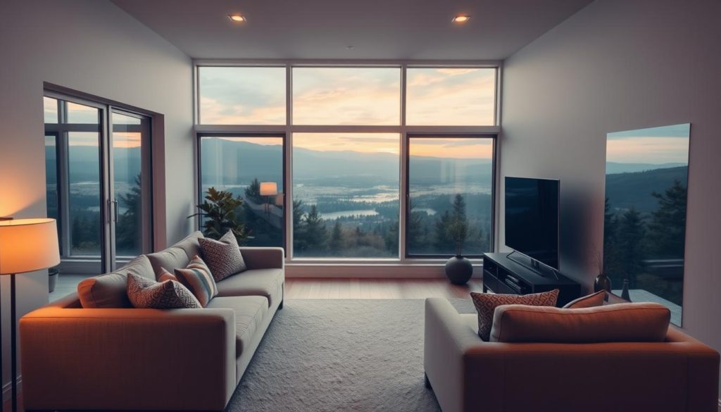 A well-lit, contemporary living room with large windows overlooking a scenic landscape. A comfortable sofa and armchair are arranged in an L-shape, facing a large, high-definition smart TV mounted on the wall. The TV is positioned at an optimal viewing angle, with ample space for seating. Subtle ambient lighting and carefully selected decor elements create a cozy, inviting atmosphere. The room's layout and design elements are thoughtfully considered to provide an immersive and enjoyable viewing experience.