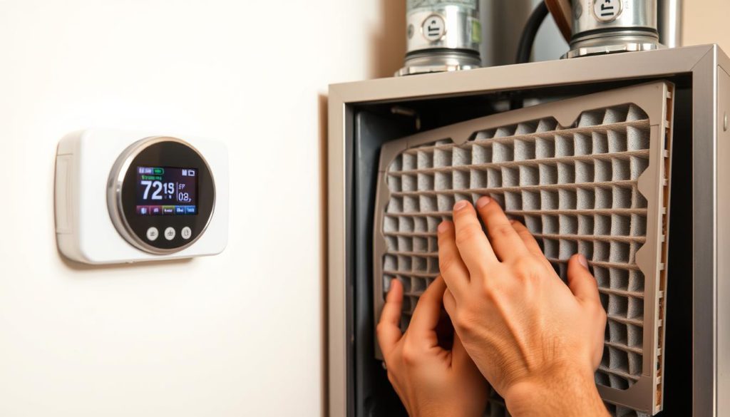 A well-lit, detailed image showcasing the maintenance of a thermostat and air filter in a modern, residential furnace system. The thermostat, mounted on the wall, displays its digital interface with temperature settings. Nearby, an open access panel reveals the replaceable air filter, which is being inspected and cleaned by a pair of hands. The scene is captured in a warm, neutral color palette, conveying a sense of functionality and practical home repair. The lighting is natural, with soft shadows highlighting the various components. The perspective is slightly elevated, giving a comprehensive overview of the furnace maintenance tasks.