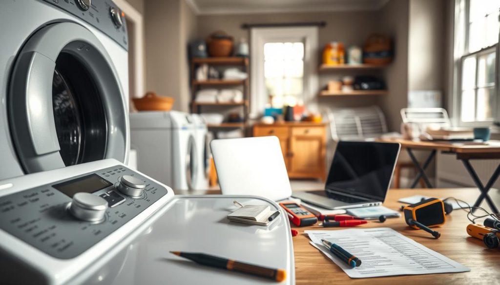 A well-lit, detailed interior scene of a home laundry room. In the foreground, a large, modern washing machine takes center stage, its control panel and buttons highlighted. Surrounding it are various repair tools and supplies - screwdrivers, wrenches, a multimeter, and a worn repair manual. The middle ground features a desktop with a laptop and paperwork, suggesting the homeowner's research into the costs of repairing versus replacing the aging appliance. The background showcases the rest of the laundry room - shelves with detergents, a drying rack, and a window letting in natural light. The overall mood is one of careful consideration, as the homeowner contemplates the financial implications of their aging washing machine.