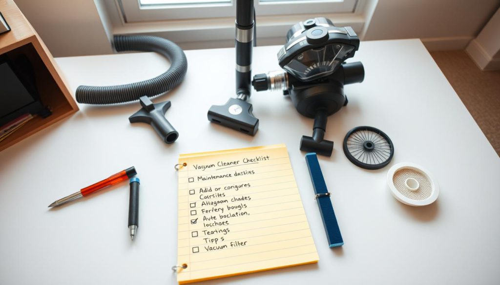A well-lit, high-angle view of a vacuum cleaner maintenance checklist, presented as a clean, organized desk scene. In the foreground, a yellow legal pad displays a neatly handwritten list of maintenance tasks, flanked by a screwdriver, a brush, and a spare vacuum filter. The middle ground features the disassembled parts of the vacuum cleaner, including the hose, attachments, and the opened casing, showcasing the inner workings. The background depicts a minimalist, neutral-toned office space, with a window allowing soft, natural lighting to illuminate the scene. The overall mood is one of practical, methodical care and attention to detail, befitting the subject of vacuum cleaner maintenance.