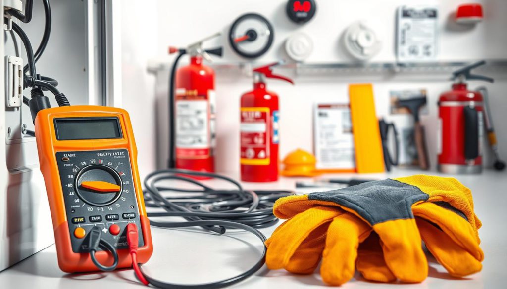 A well-lit, high-resolution image showcasing various appliance safety checks. In the foreground, a multimeter is being used to test the power supply, with exposed electrical wiring and power cords visible. In the middle ground, a fire extinguisher, smoke detector, and safety gloves are neatly arranged, emphasizing the importance of fire safety. The background features a clean, organized workspace with tools and reference materials, conveying a sense of professionalism and attention to detail. The lighting is bright and even, creating clear shadows and highlights to accentuate the various safety elements. The overall mood is one of careful, methodical inspection, prioritizing safety and functionality.
