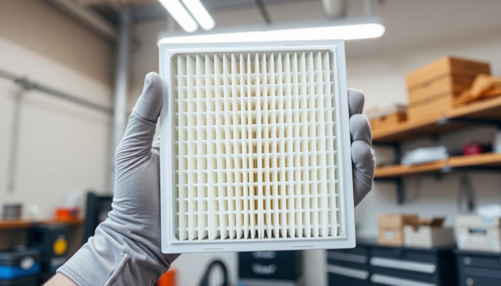 A well-lit, high-resolution photo of an air filter being held in a person's hands, showcasing the filter's structure and details. The filter is clean and new, with a crisp, white appearance. The hands are wearing protective gloves, emphasizing the importance of proper handling. The background is a neutral, clean workspace, such as a workshop or utility room, with shelves or other storage visible, suggesting a maintenance or repair setting. The lighting is natural and soft, creating a serene, informative atmosphere. The composition emphasizes the air filter as the central focus, allowing the viewer to clearly see its construction and understand the importance of regular maintenance.