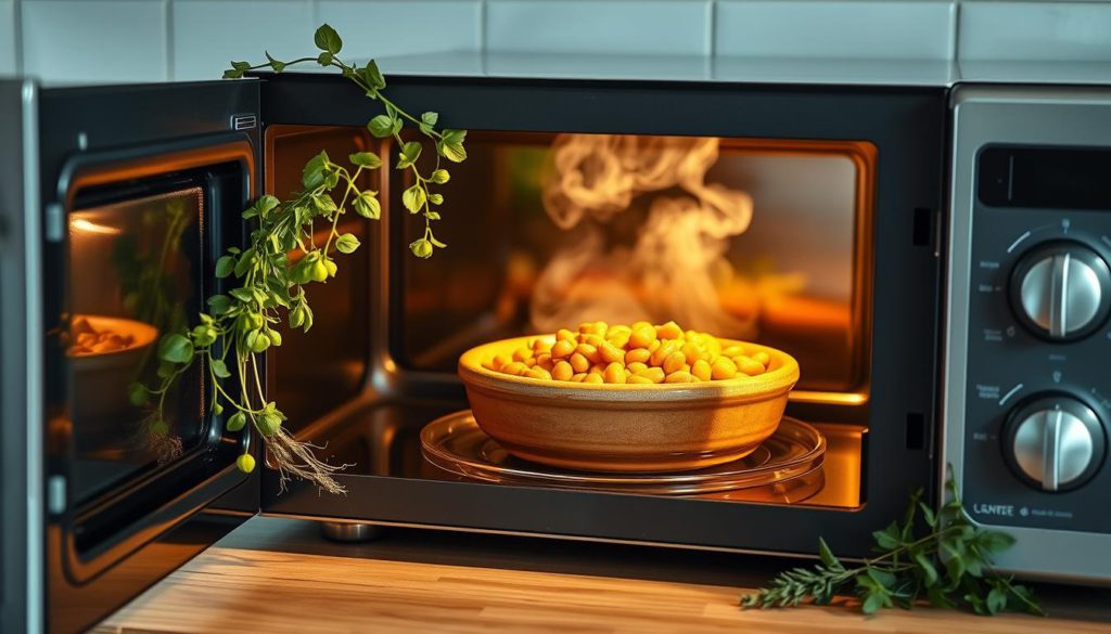A well-lit kitchen countertop, featuring an open microwave oven with fresh green herbs and a bowl of cooked beans inside. The herbs, such as basil, thyme, and oregano, are arranged artfully around the microwave, casting natural shadows. The beans, in a rustic ceramic bowl, steam gently, their earthy aroma filling the air. The scene is captured from a slightly elevated angle, emphasizing the DIY, homemade nature of the setup. Soft, natural lighting illuminates the scene, creating a warm, inviting atmosphere that evokes a sense of domestic practicality and culinary creativity.