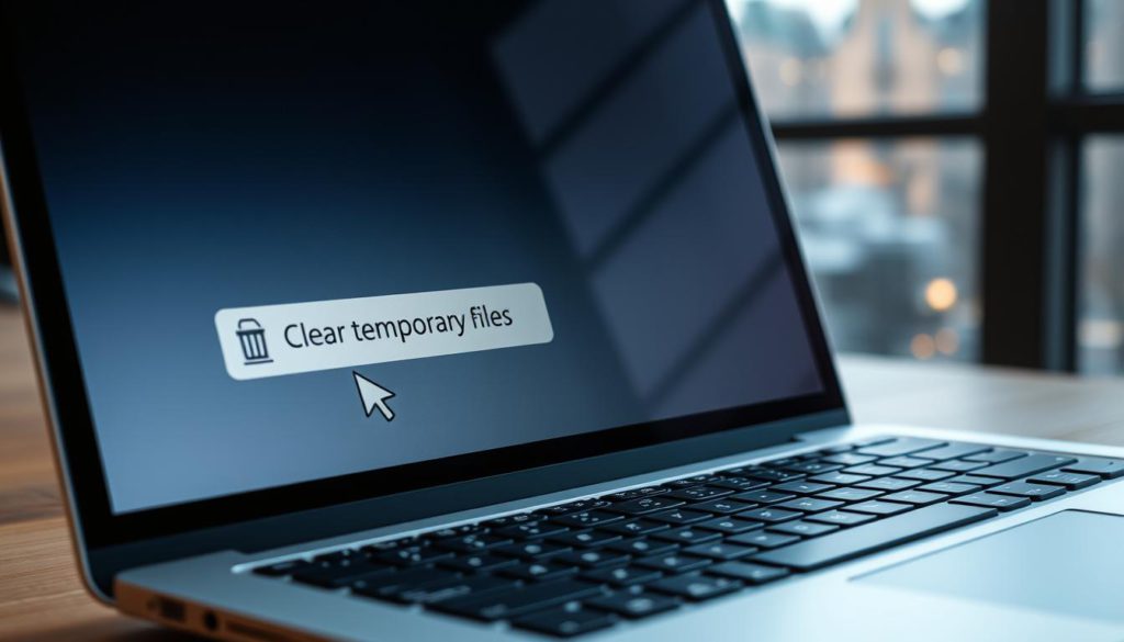 A well-lit laptop screen displaying a sleek, modern interface. In the foreground, a cursor hovers over a "Clear Temporary Files" option, its icon a simple trash can. The laptop's keyboard and chassis are visible, their silver aluminum finish gleaming under the soft, directional lighting. In the background, a blurred cityscape is visible through a large window, hinting at the laptop's portability and the user's busy, on-the-go lifestyle. The scene conveys a sense of efficiency and productivity, with the clear temporary files action promising to optimize the laptop's performance in a quick, streamlined manner.