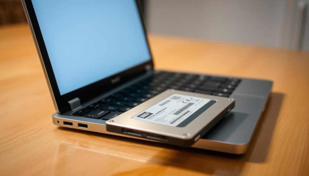 A well-lit laptop sitting on a clean, wooden desk, the screen angled slightly to reveal the interior components. In the foreground, a shiny new solid-state drive (SSD) is prominently displayed, its sleek design and metallic finish reflecting the desk's lighting. The laptop's casing is slightly open, exposing the upgrade process, conveying a sense of technical expertise and DIY spirit. The background is softly blurred, creating a focused, professional atmosphere, emphasizing the importance of this hardware upgrade for revitalizing the device's performance.