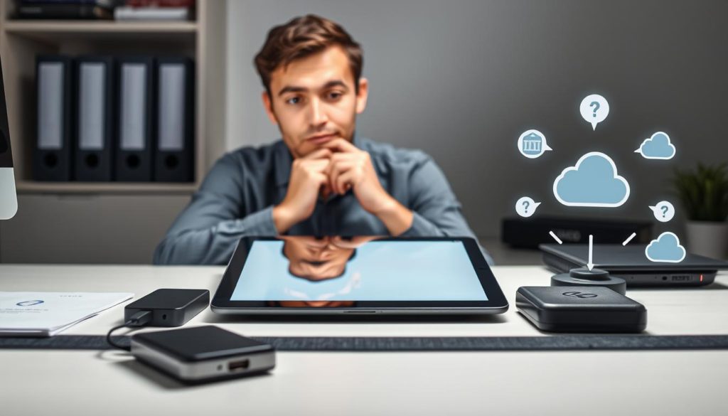 A well-lit office desk with a modern iPad, various backup devices like external hard drives and cloud storage icons, and a thoughtful expression on the user's face as they consider their backup options. The scene has a sense of organization and care, with clean lines, soft shadows, and a muted color palette that conveys a calm, professional atmosphere. The overall composition draws the viewer's attention to the iPad and the backup solutions, highlighting the importance of safeguarding one's data.