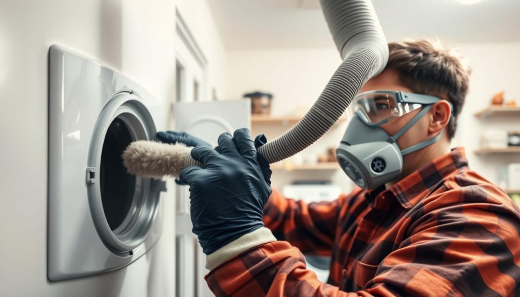 A well-lit scene depicting the safe cleaning of a dryer vent. In the foreground, a person in protective gear - gloves, goggles, and a respirator mask - carefully using a flexible vent brush to remove lint buildup from the vent opening. In the middle ground, the dryer vent hose runs along the wall, its exterior showing signs of lint accumulation. The background features a tidy laundry room with shelves, cabinets, and other household items. Soft, directional lighting illuminates the scene, emphasizing the importance of safety and attention to detail when maintaining a dryer vent system.