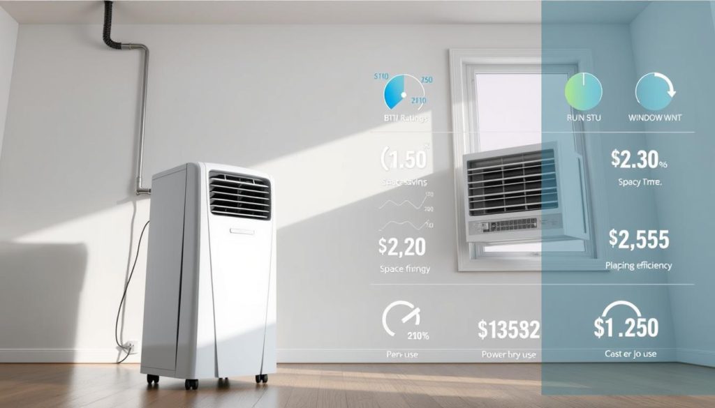 A well-lit, wide-angle shot showcasing the installation and efficiency comparison of a portable air conditioner and a window unit. In the foreground, the portable AC stands upright with its sleek, modern design, while the window unit is installed in a frame, revealing its bulky, industrial aesthetic. In the middle ground, the rooms they occupy are depicted, highlighting the space-saving advantages of the portable model. The background displays various energy efficiency metrics, such as BTU ratings, power consumption graphs, and cost-per-use calculations, providing a technical side-by-side comparison. The overall mood is informative and objective, inviting the viewer to consider the practical tradeoffs between the two cooling solutions.